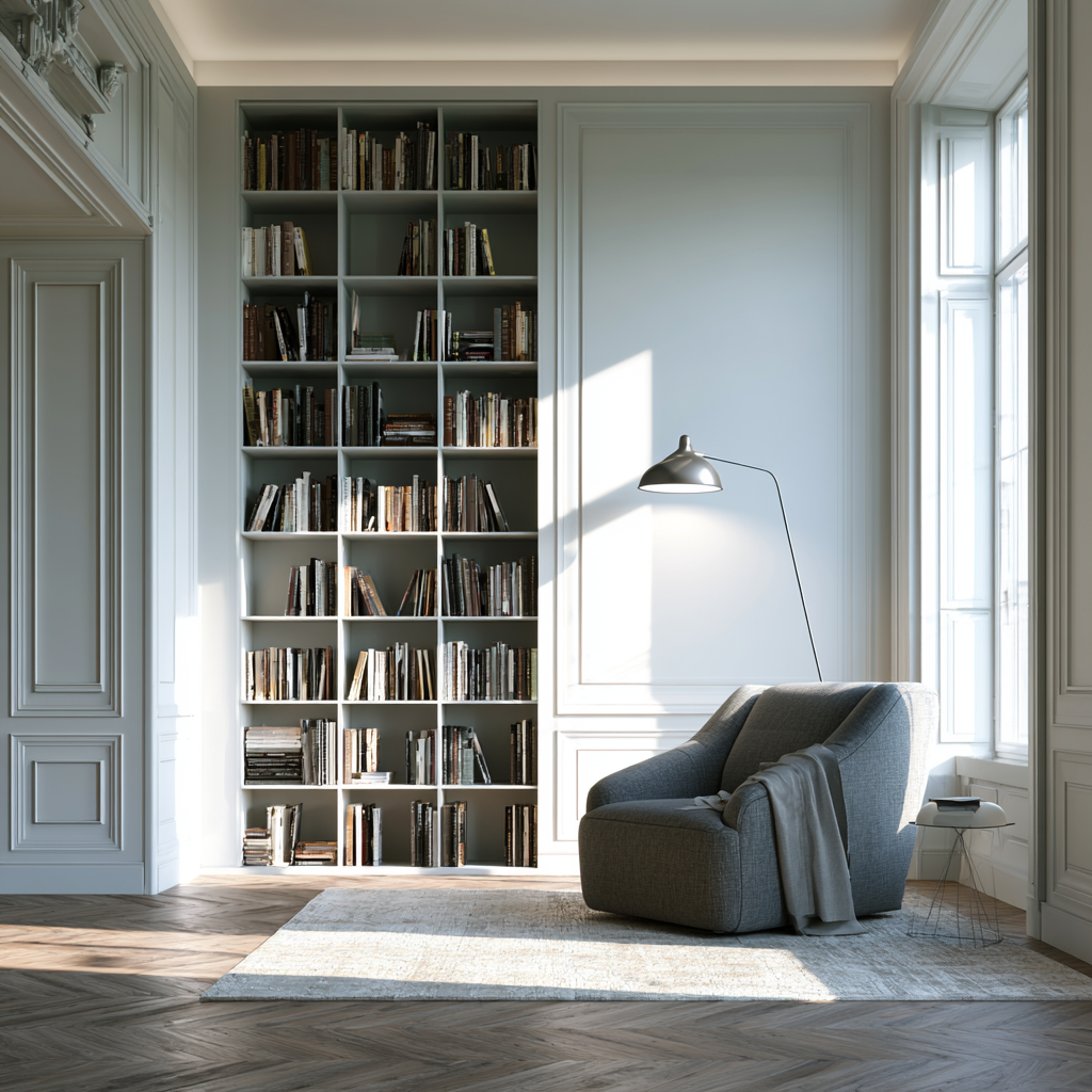 modern living with library and comfy chair