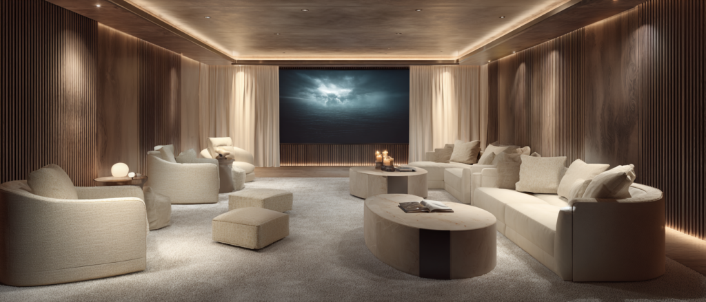 interior of a yacht with living room layout a couch, chairs and coffee table with a big screen, warm lights