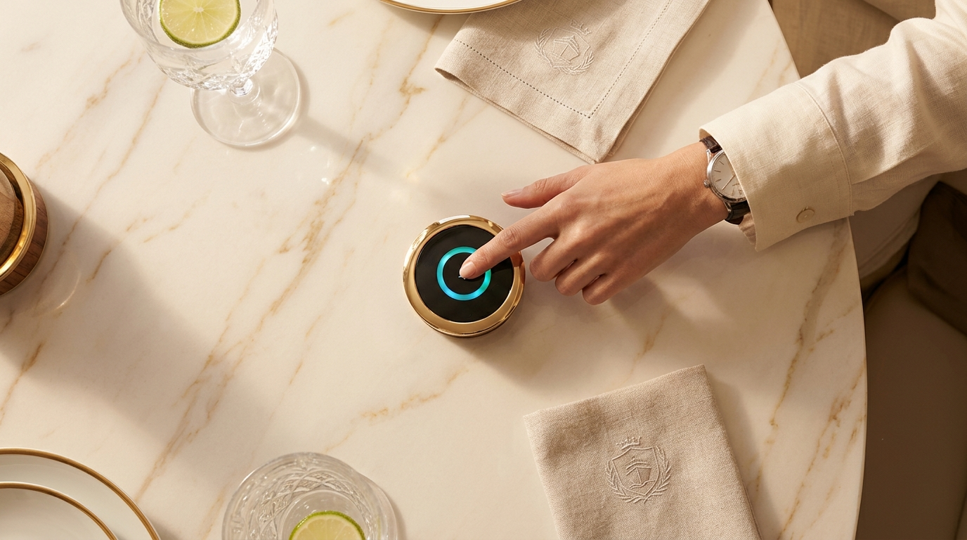man touching gest button on marble table
